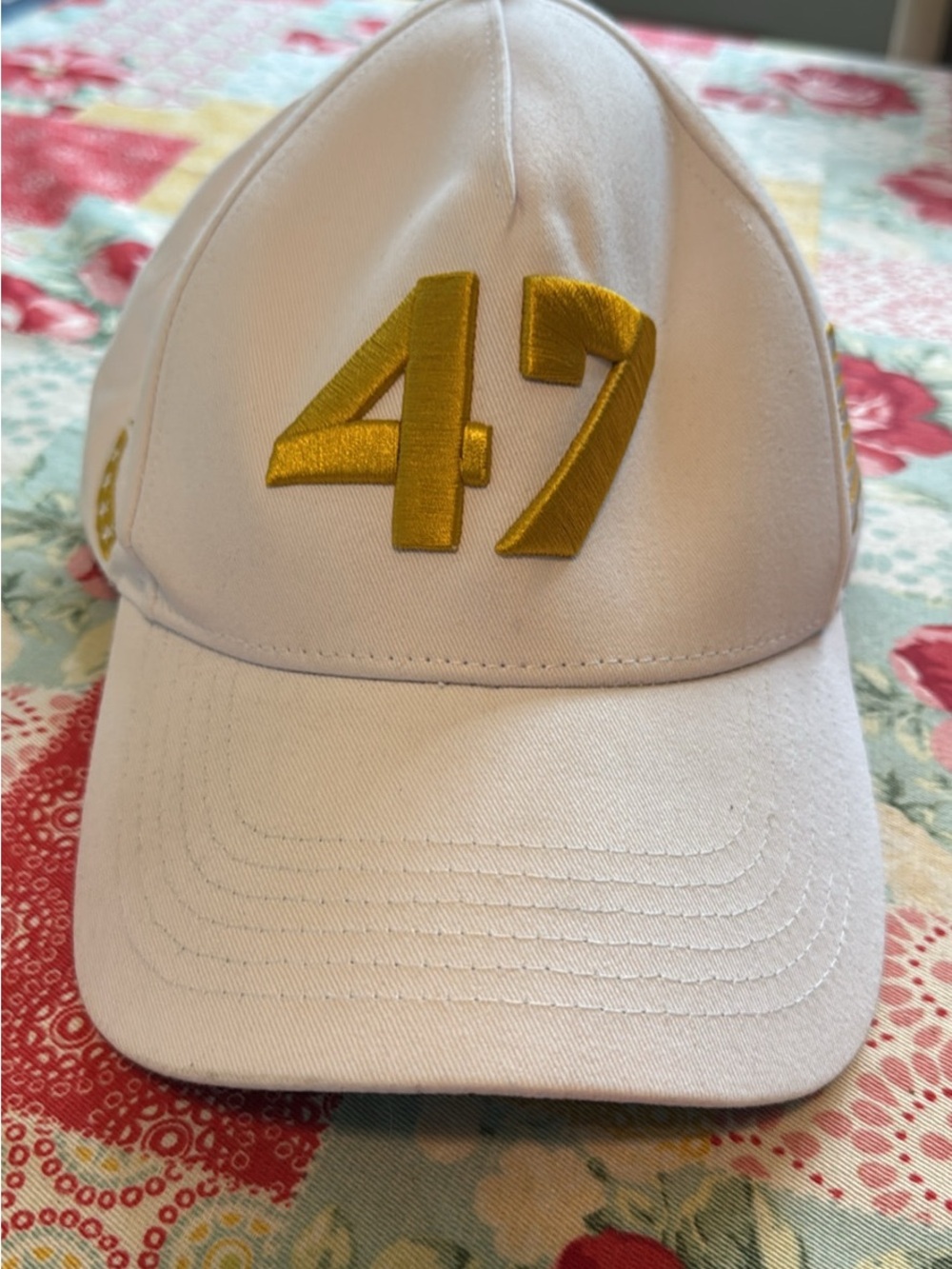 White Baseball Cap with Gold '47' Embroidery